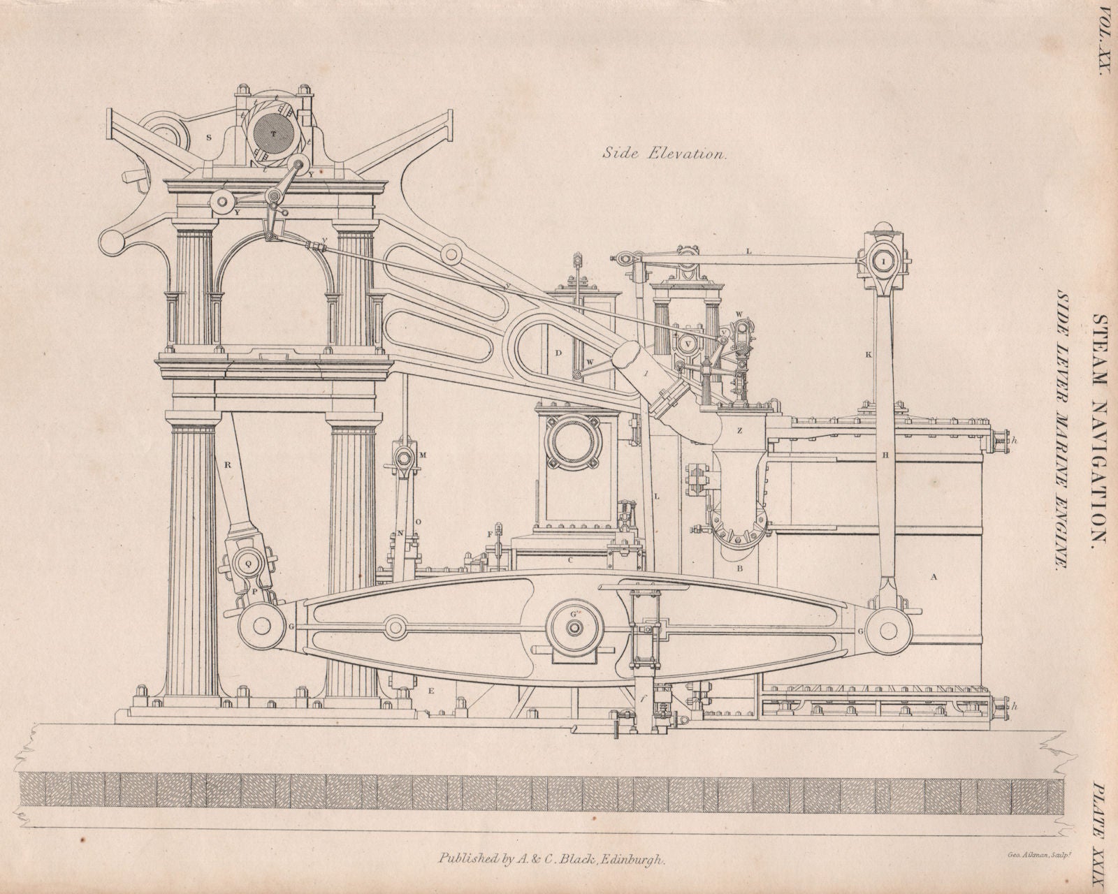 VICTORIAN ENGINEERING DRAWING. Side Lever Marine Engine. BRITANNICA 1860 print